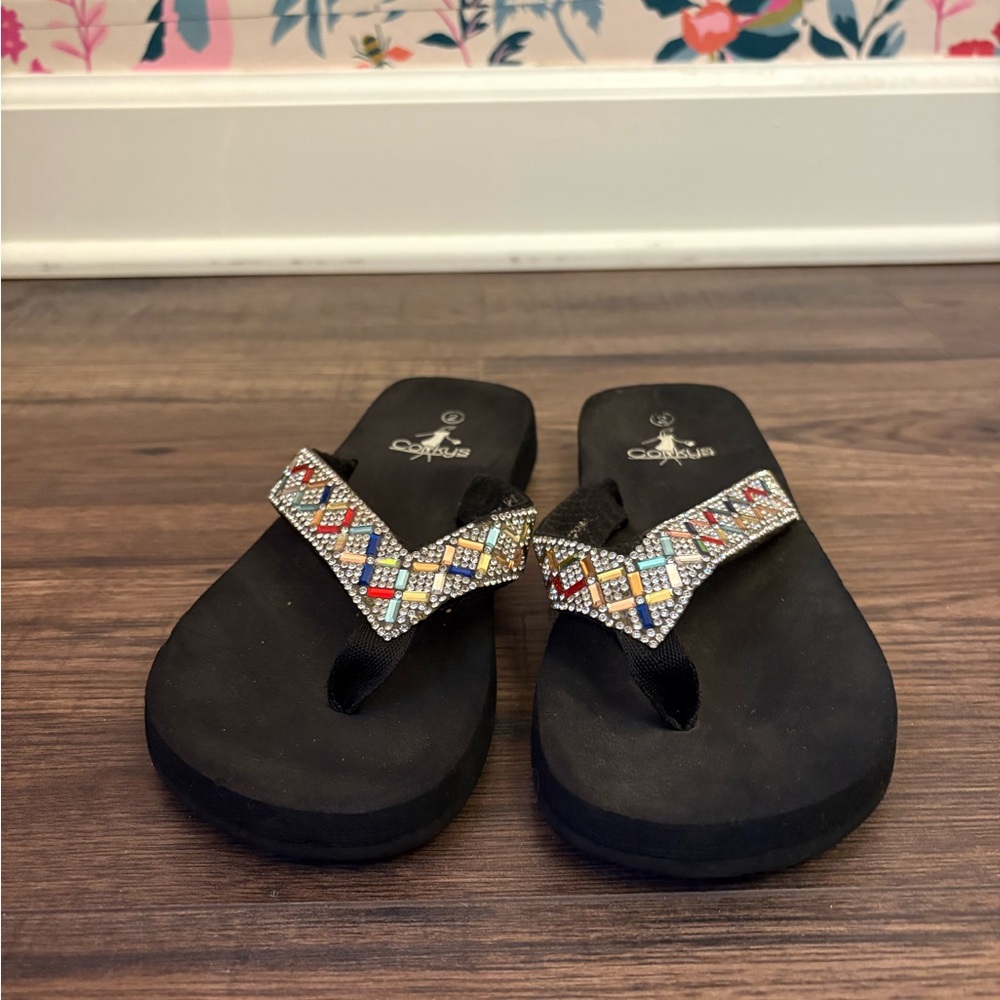 Corkys Black Sandals with Multicolor Beads